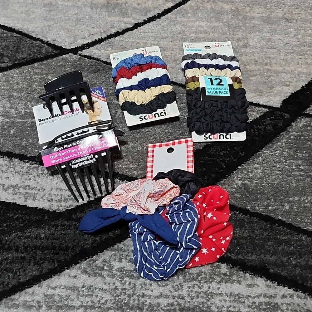 HAIR-TIES ACCESSORIES BUNDLE MINI SCUNCIS- BANDETTE COMB CLIP- PATRIOTIC SCUNCIS